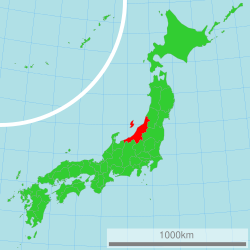 Japonijos žemėlapis su paryškinta Niigatos prefektūra